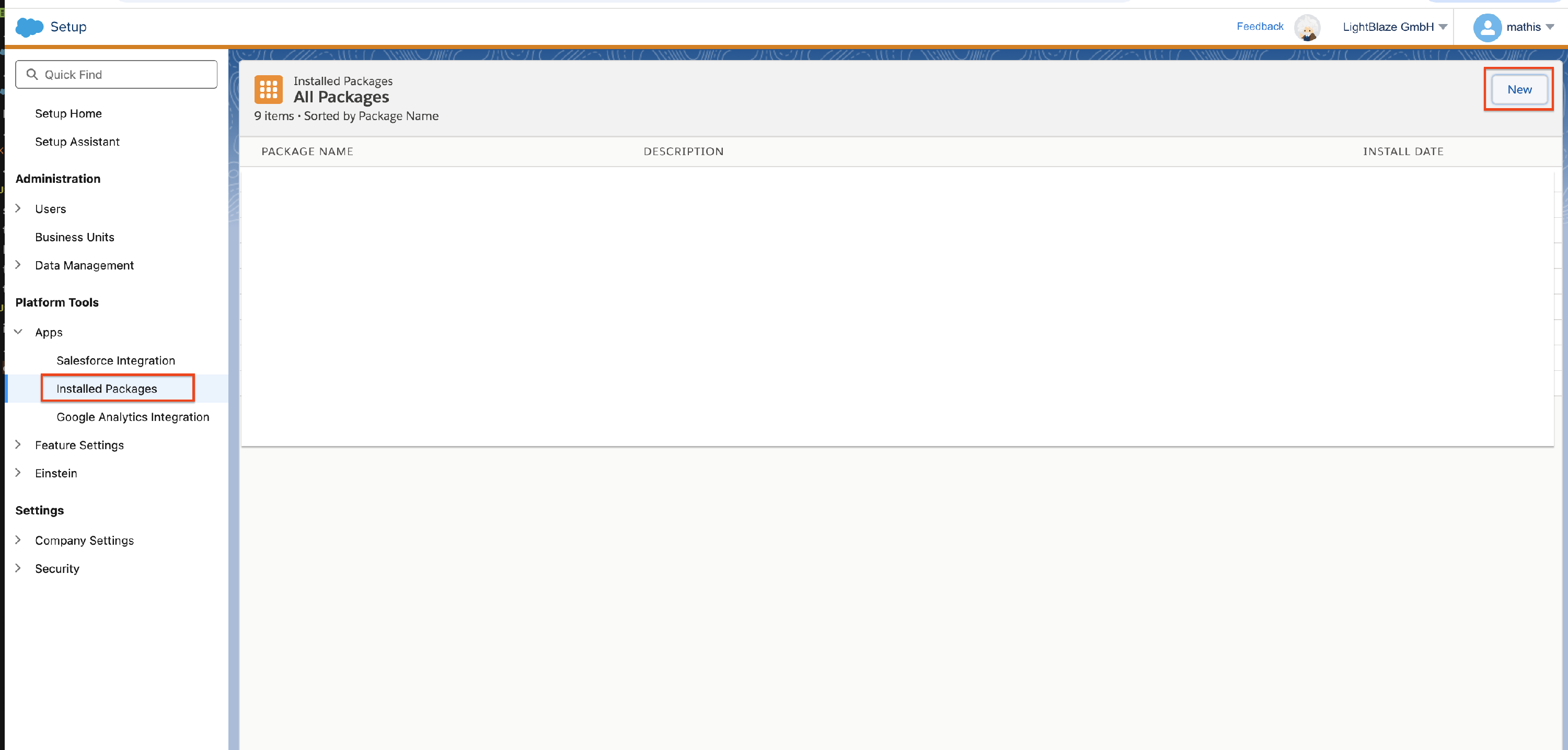 Screenshot: Access the Marketing Cloud Setup: