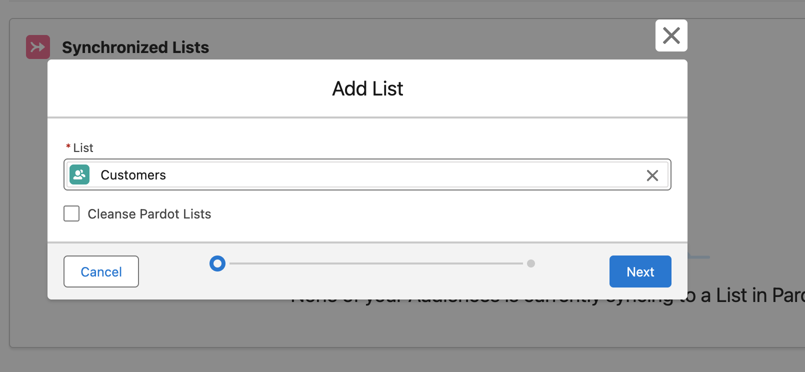 Screenshot: Pardot: Sync Audiences