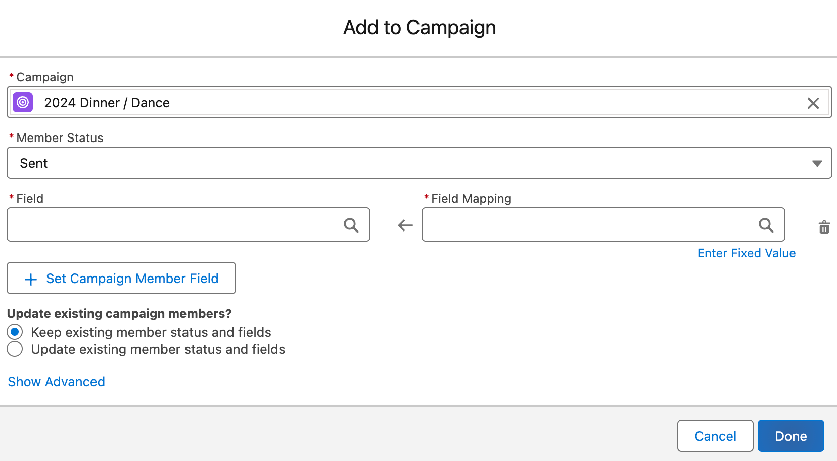 Screenshot: Campaign Member Field Mapping