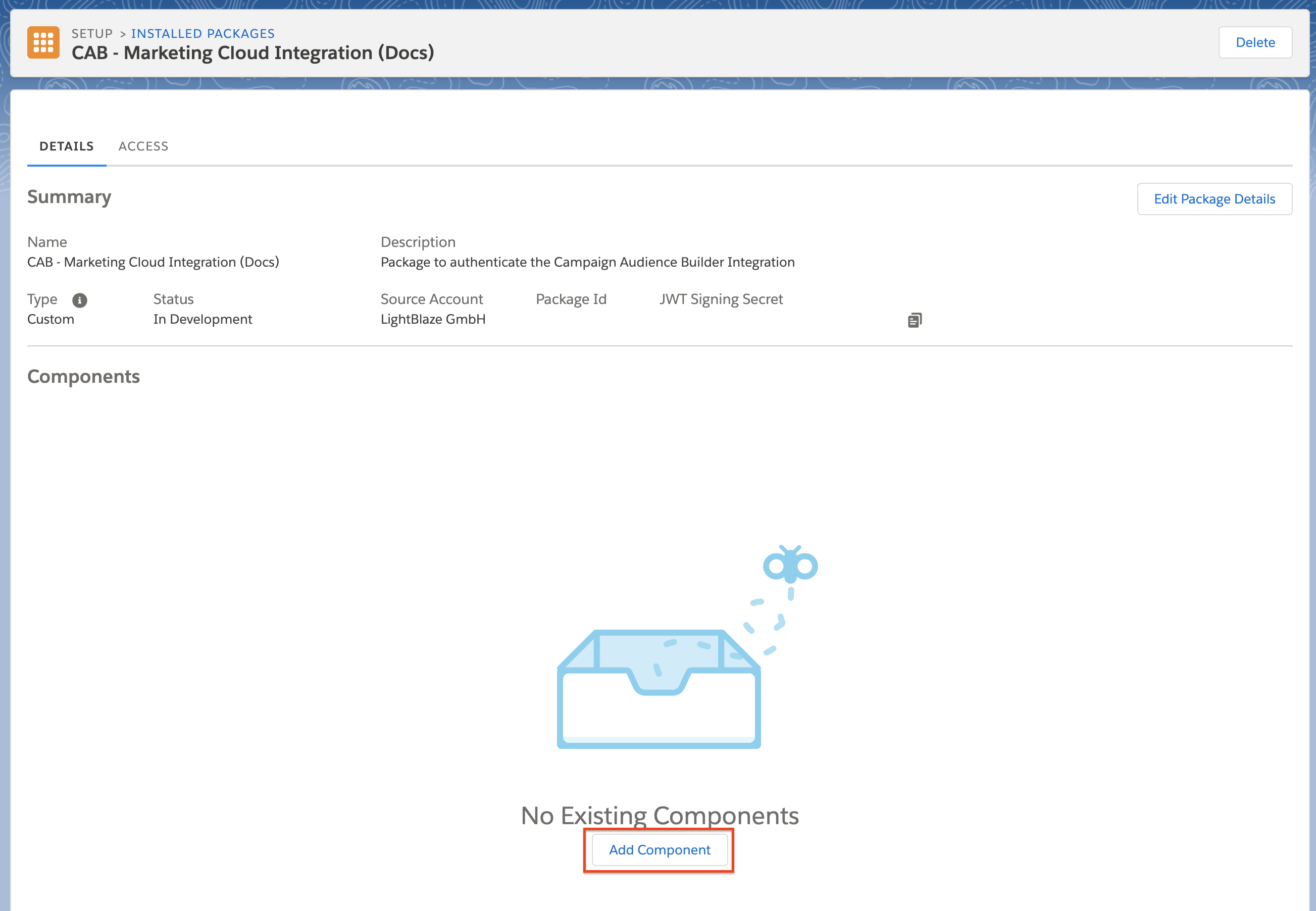 Screenshot: Click Add Component.