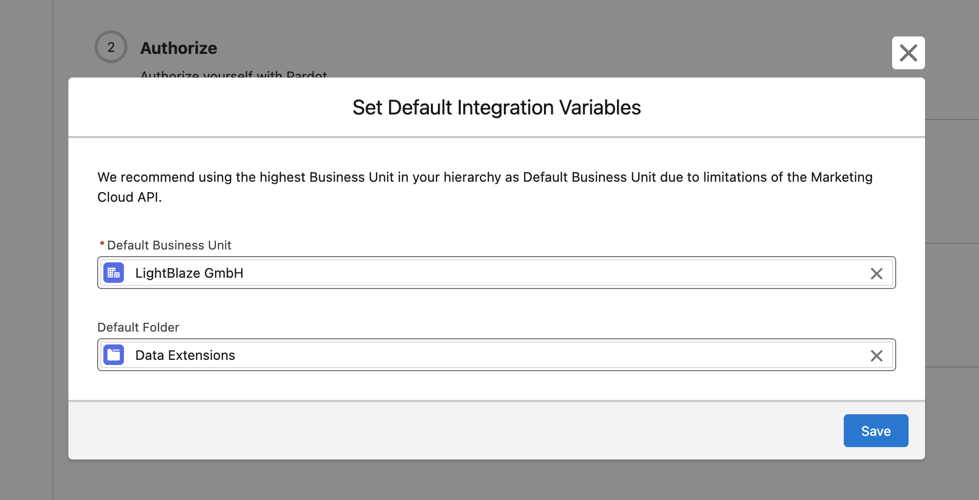 Screenshot: (3) Set Default Integration Variables