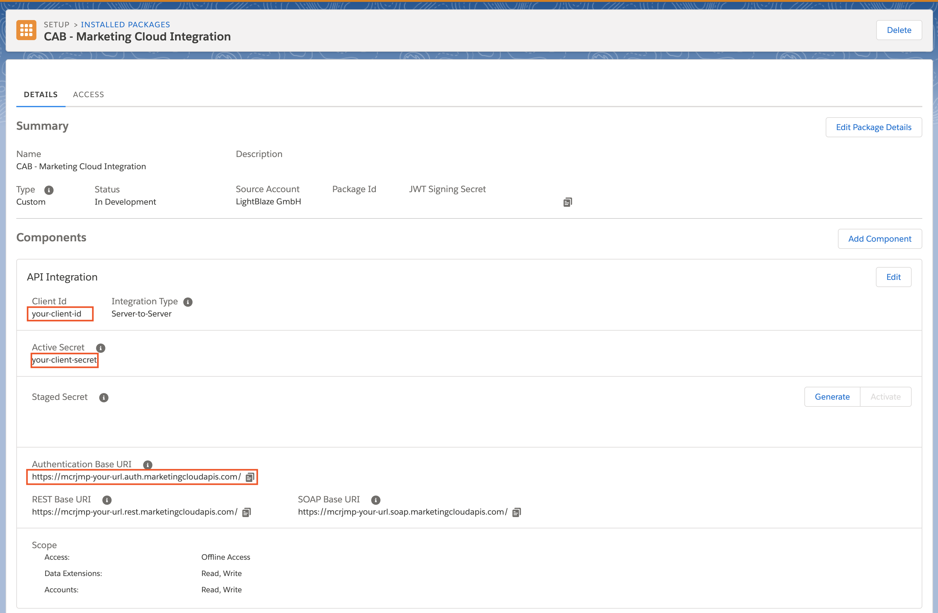 Screenshot: Integrate CAB with Marketing Cloud
