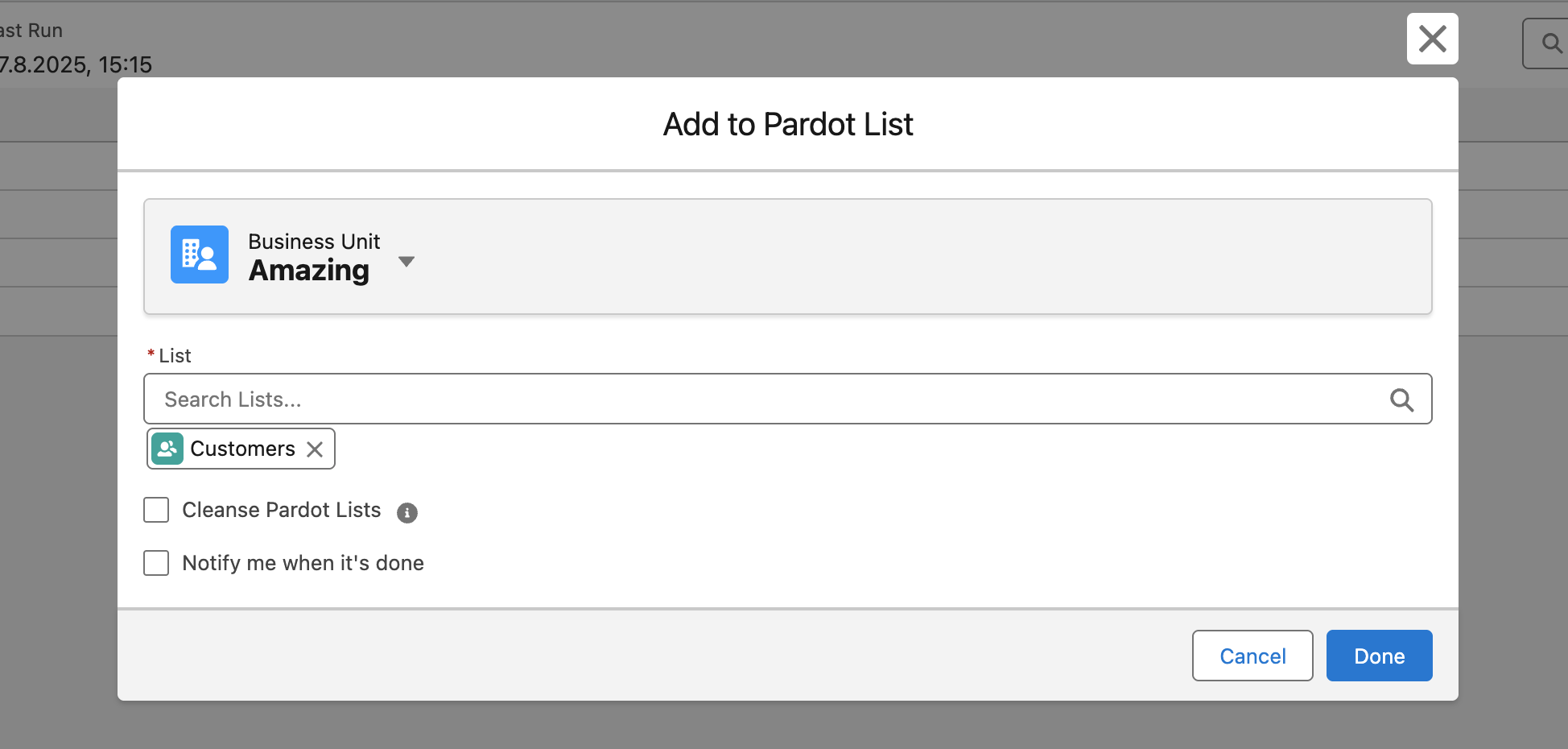 Screenshot: Pardot: Transfer Audience Results