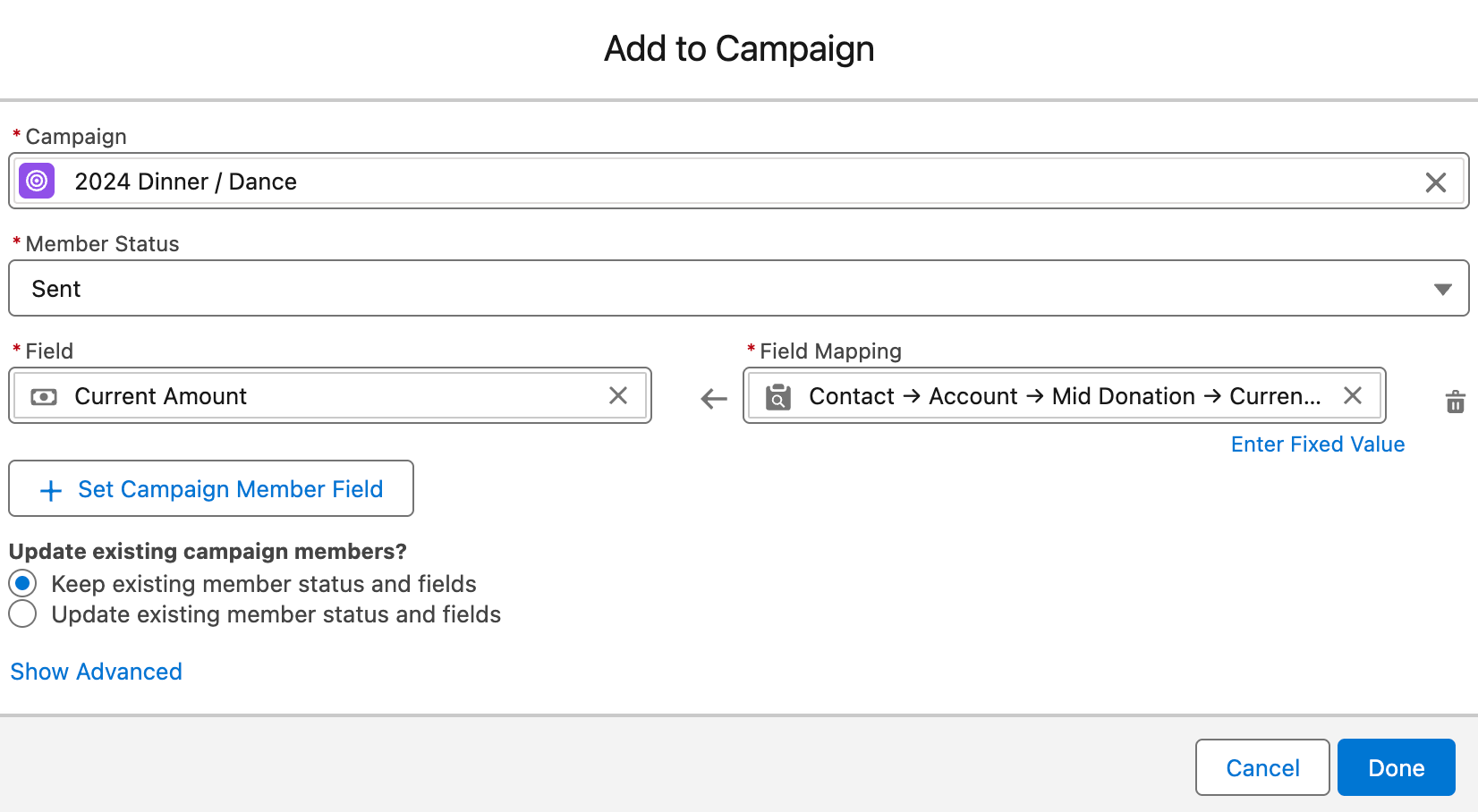 Screenshot: Campaign Member Field Mapping