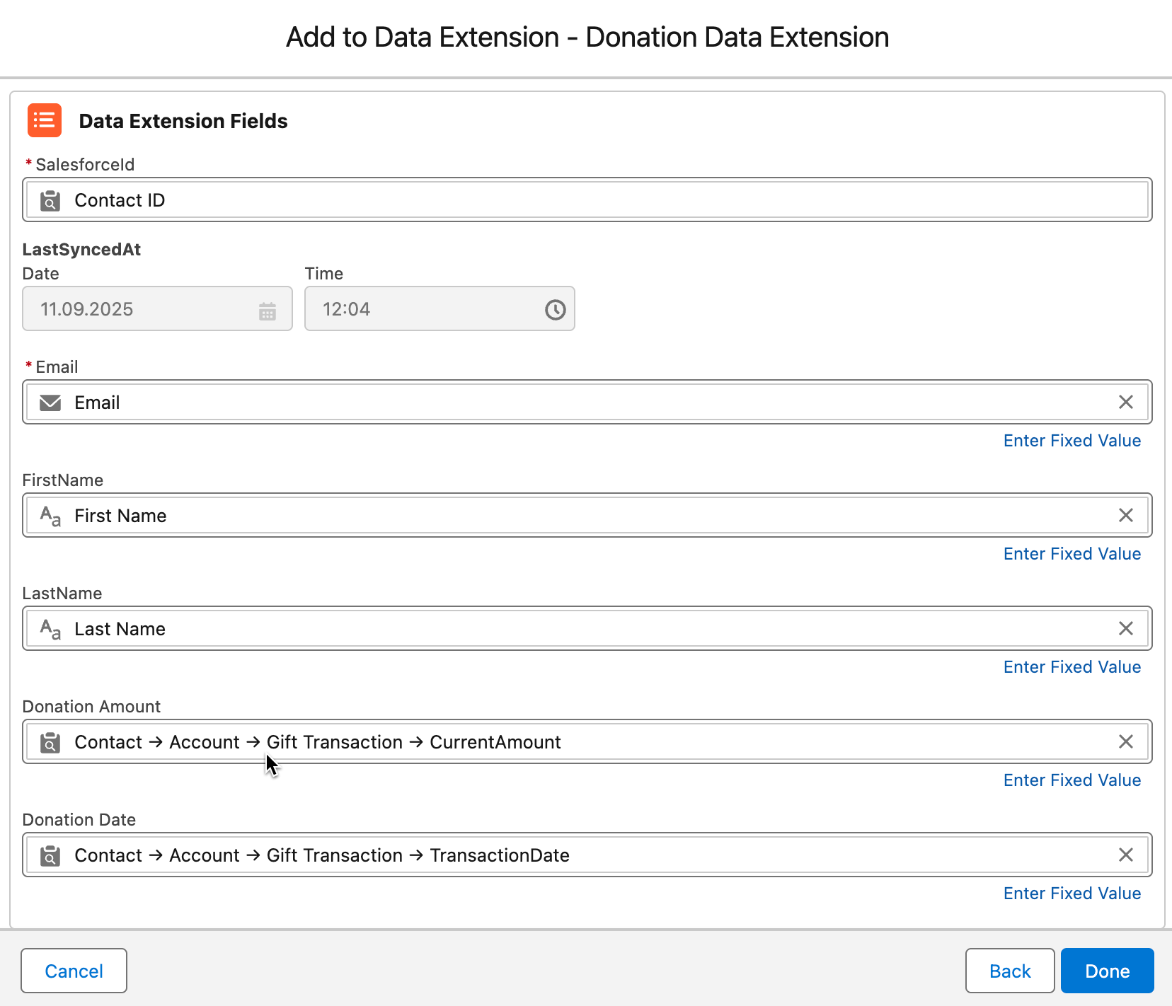 Screenshot: Add Data Graph Details to MC Data Extension