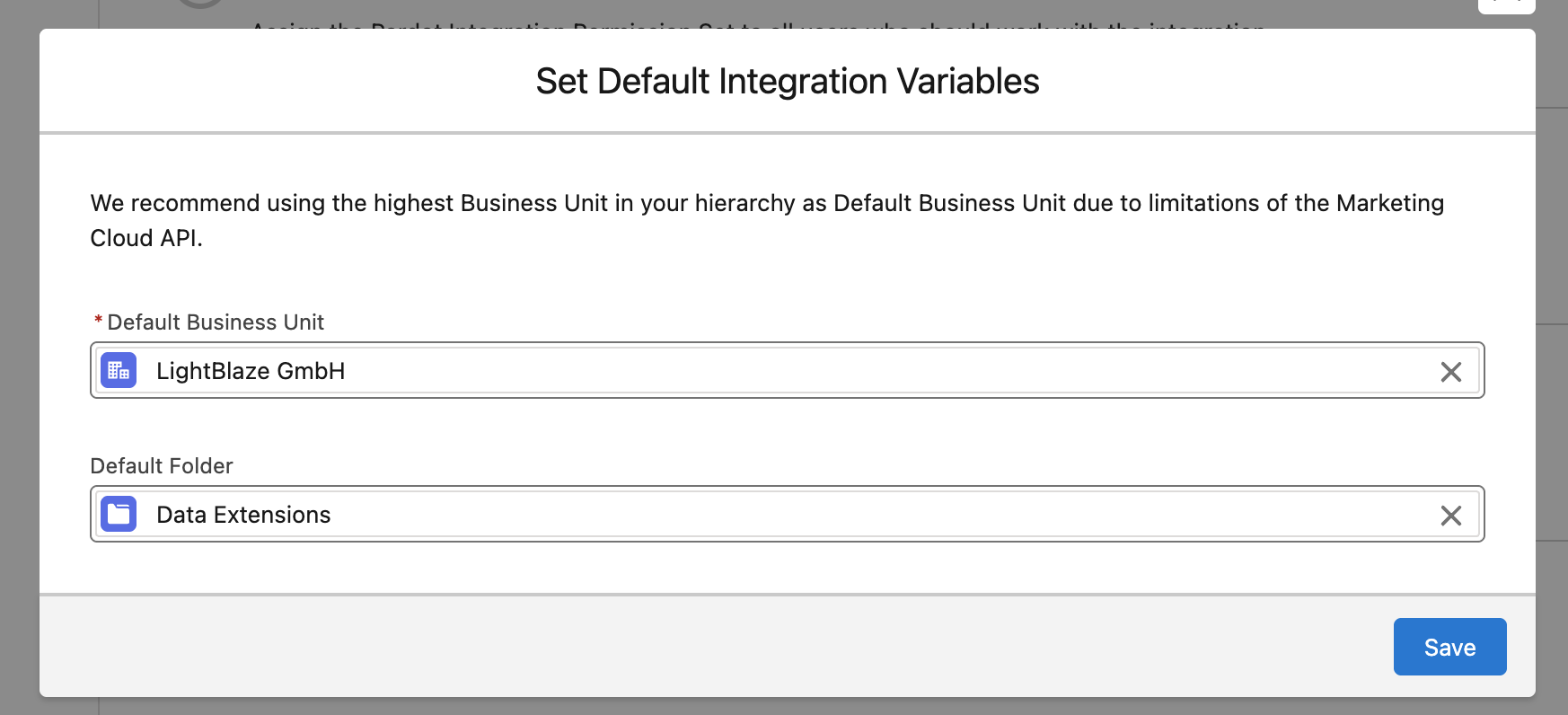 Screenshot: Integration Values