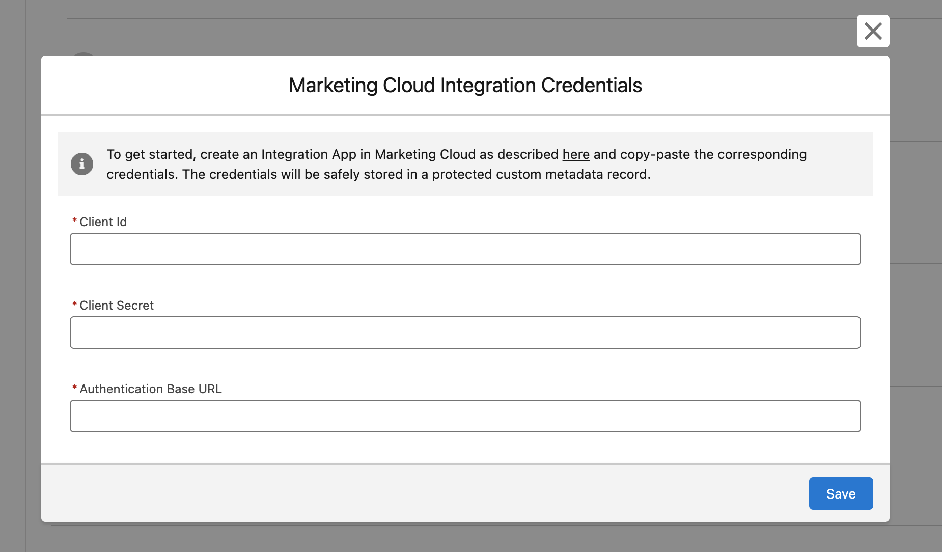 Screenshot: (1) Enter Marketing Cloud Integration Credentials