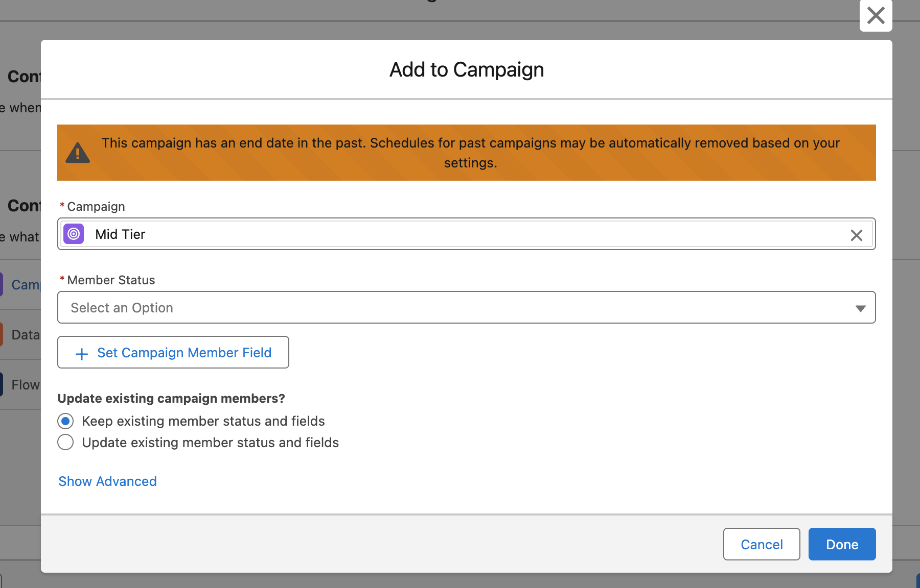 Screenshot: Scheduler Warning for inactive/past Campaigns