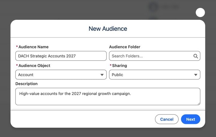 New Audience dialog configured for a public Account audience named DACH Strategic Accounts 2027