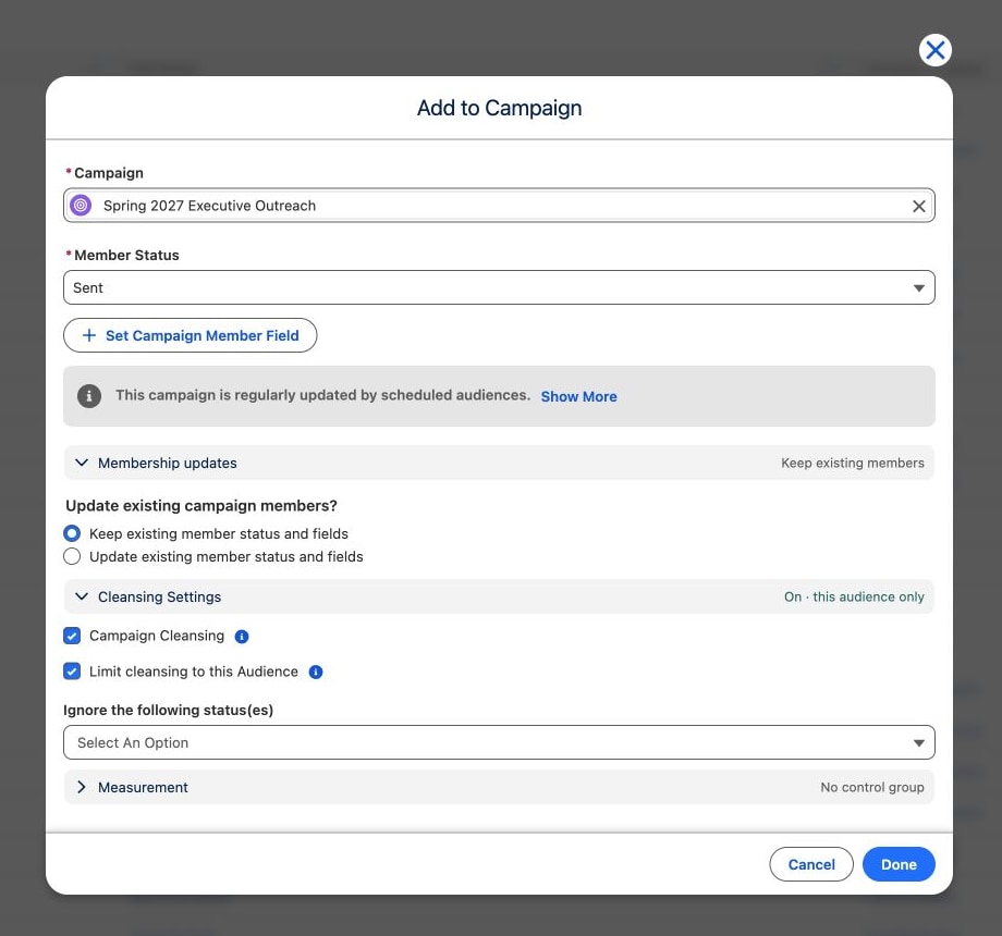 Add to Campaign configured for Spring 2027 Executive Outreach with Sent status, existing-member protection, and cleansing limited to this audience