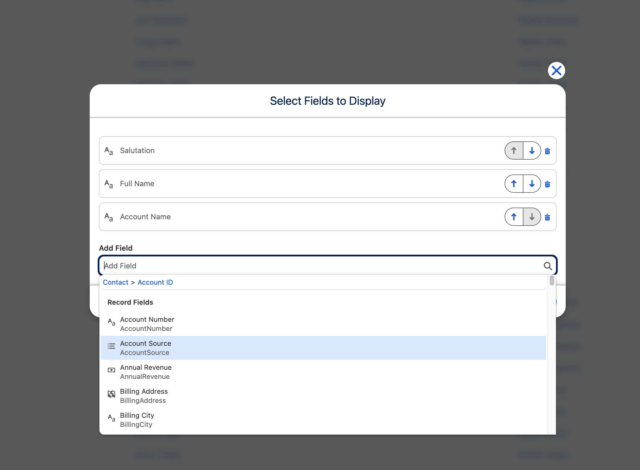 Export field selector with chosen columns, reordering controls, and a searchable list of record fields