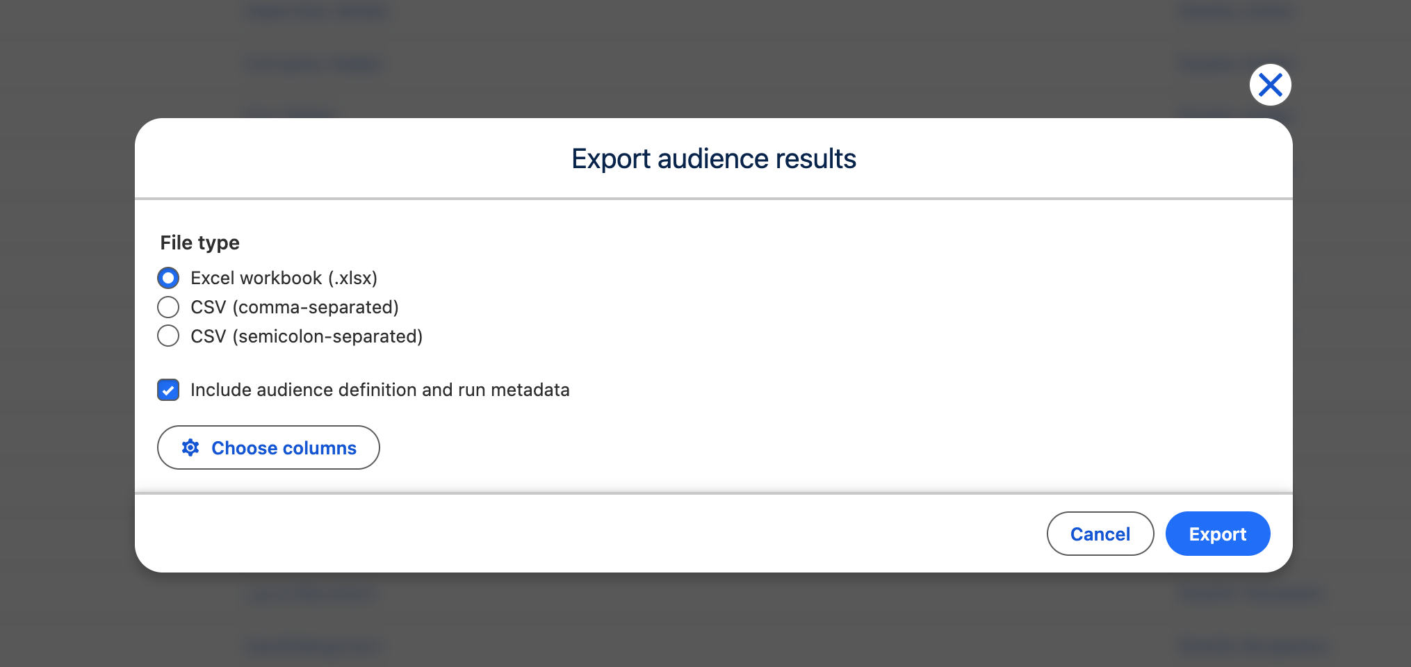 Export audience results dialog with Excel selected, audience definition and run metadata enabled, and the column-selection action