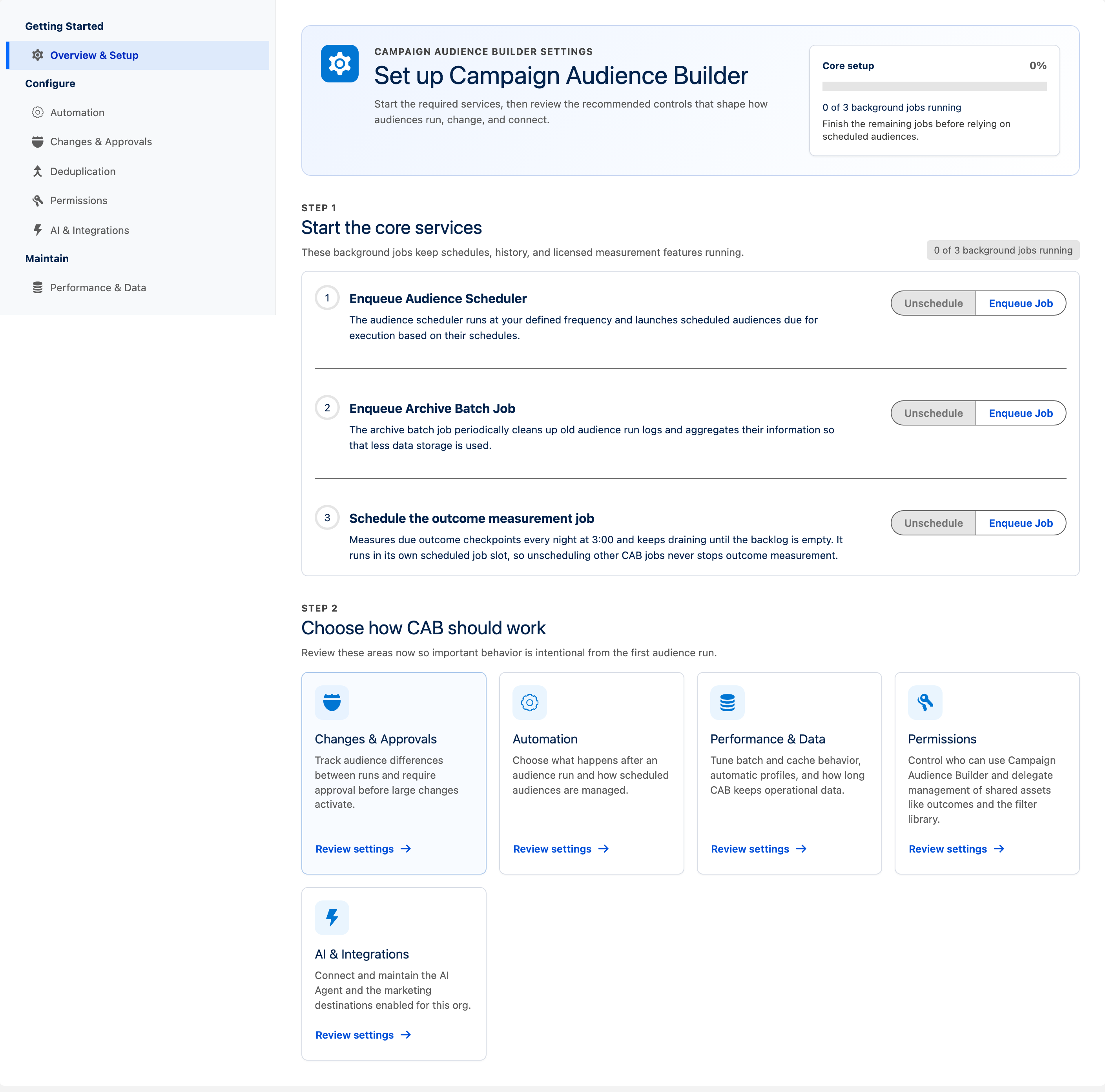 CAB Settings on Overview & Setup, with the Core setup progress panel at 0 percent, the three core background jobs, and the review cards for Changes & Approvals, Automation, Performance & Data, Permissions, and AI & Integrations