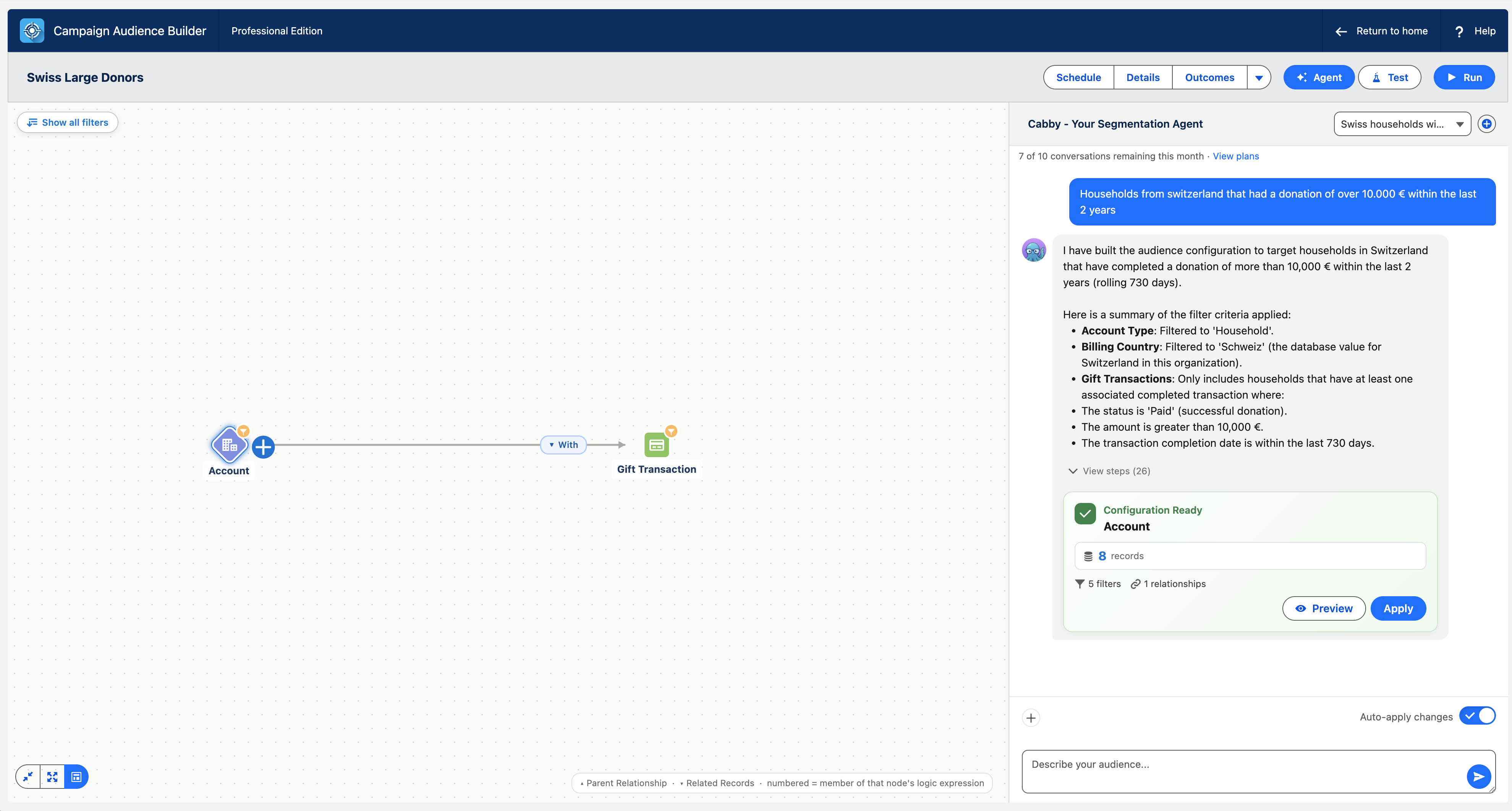 Cabby translating a request for Swiss large donors into an Account audience with five filters, a Gift Transaction relationship, a tested record count, and Preview and Apply actions