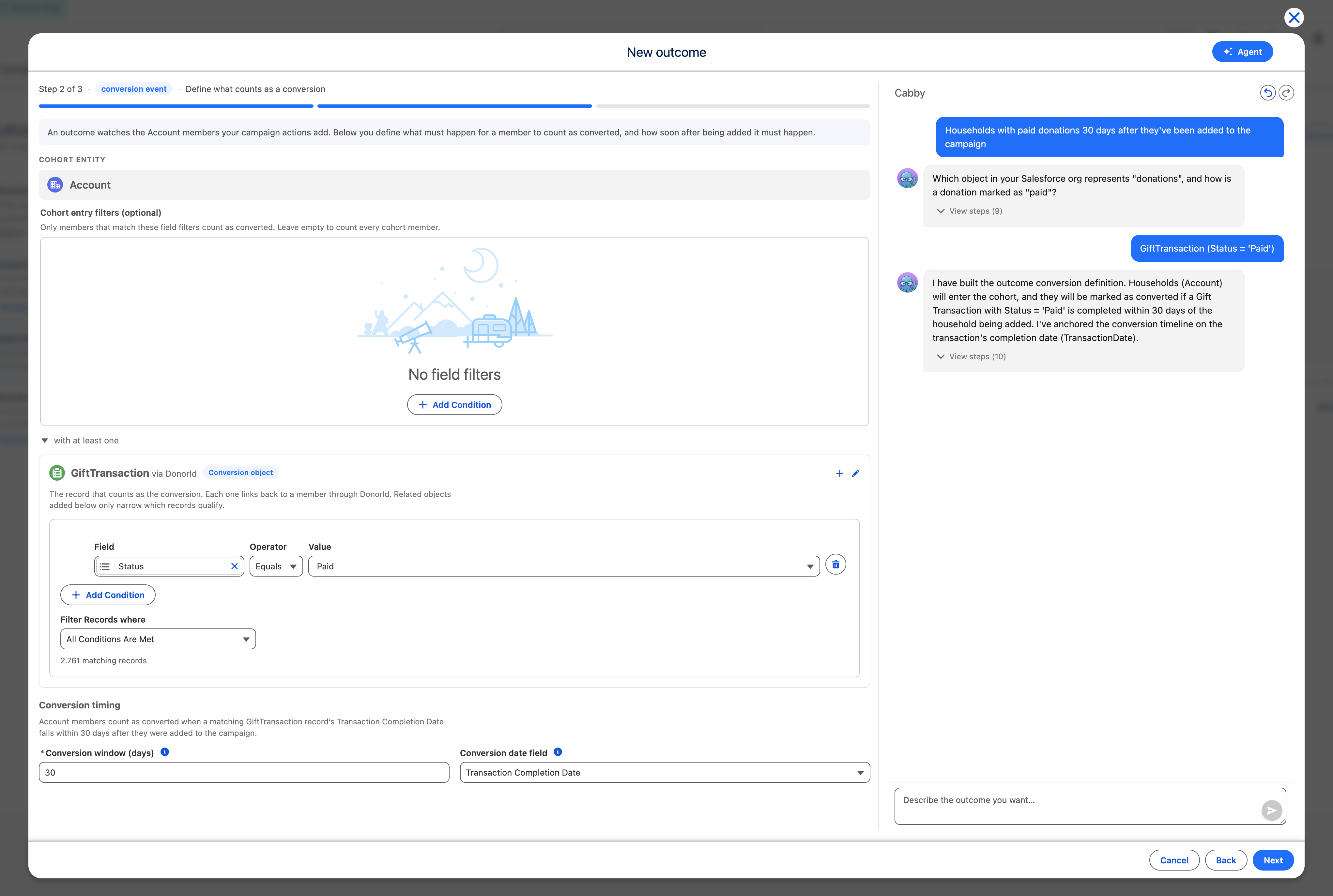 Cabby drafting a donation conversion definition with a related GiftTransaction rule, paid-status filter, 30-day conversion window, date field, and clarifying conversation