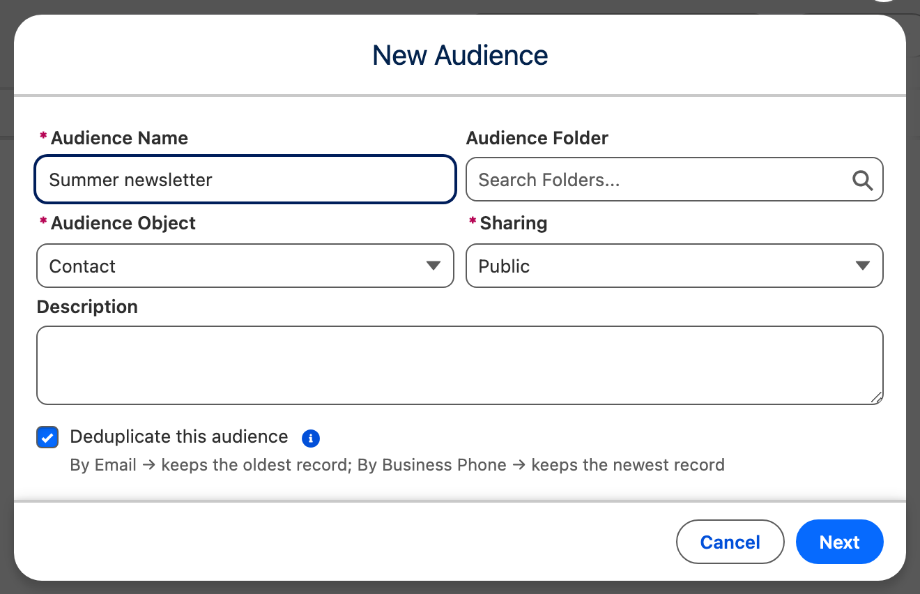 The New Audience dialog: Deduplicate this audience sits below the Description field, checked, with the summary By Email keeps the oldest record and By Business Phone keeps the newest record