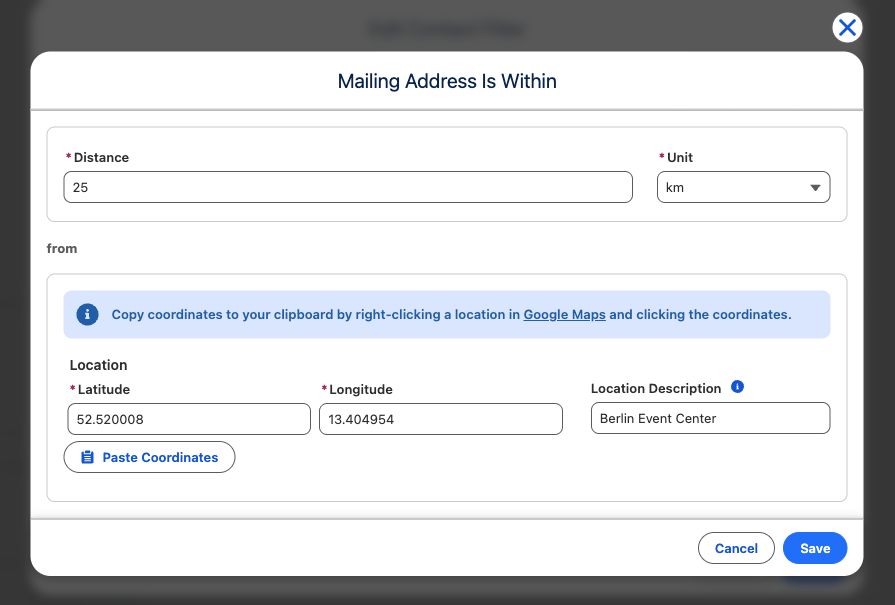 Mailing Address geolocation filter configured to include Contacts within 25 km of a Berlin event location, with coordinates and a readable location description