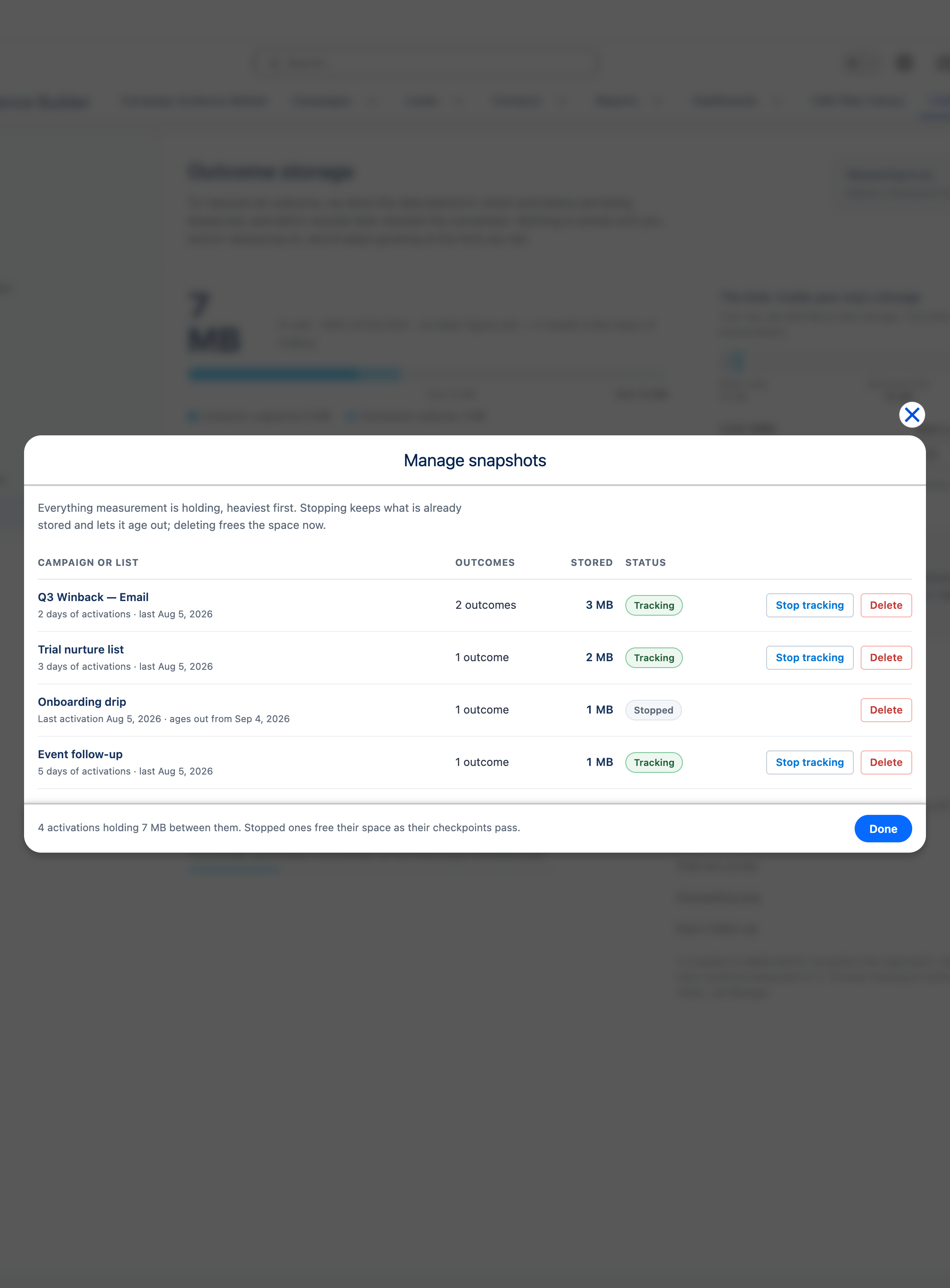 Manage snapshots listing four campaigns heaviest first with their outcome counts and stored size, three tracking and one stopped, each offering Stop tracking and Delete