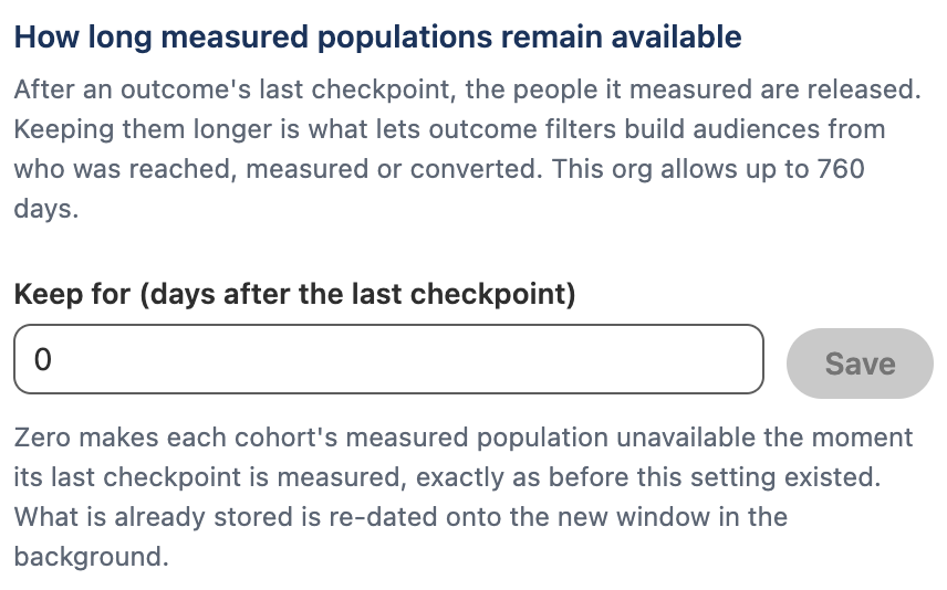 The population-retention control showing the default of zero days after the last checkpoint and explaining its effect on outcome filters.