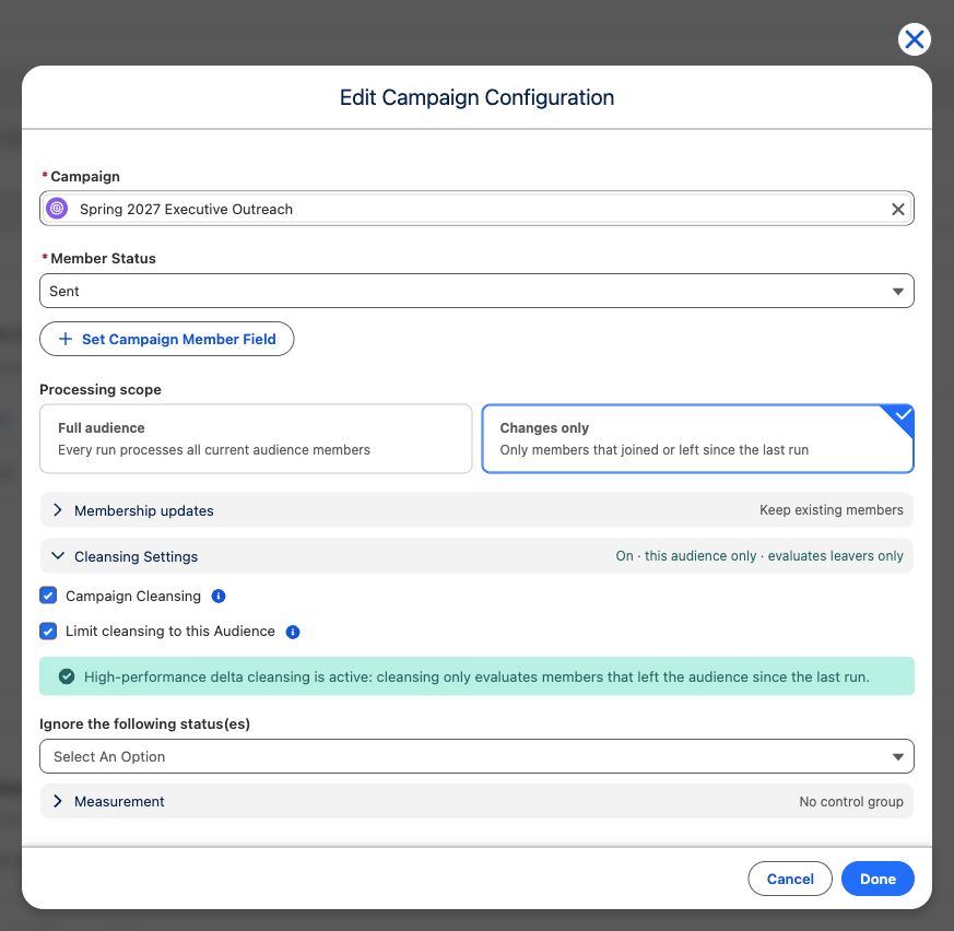 Scheduled Add to Campaign configuration with Changes only selected and audience-limited Campaign Cleansing enabled