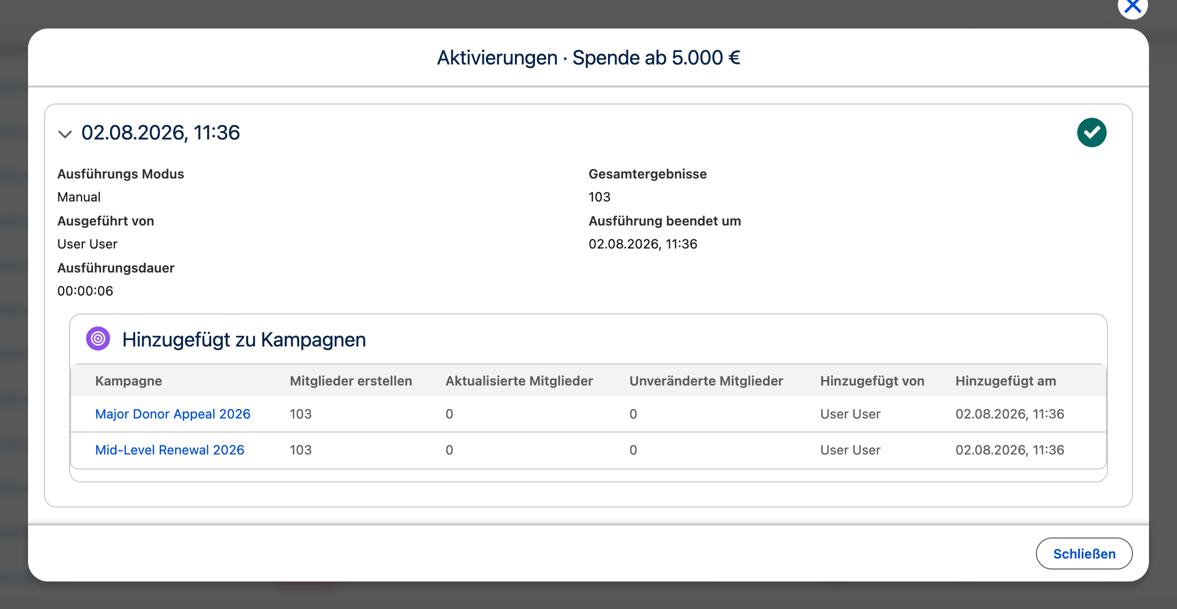 Dialog mit den Aktivierungen eines Waterfall-Schritts: die beiden Kampagnen, denen seine Ergebnisse hinzugefügt wurden, mit neuen, aktualisierten und unveränderten Mitgliedern