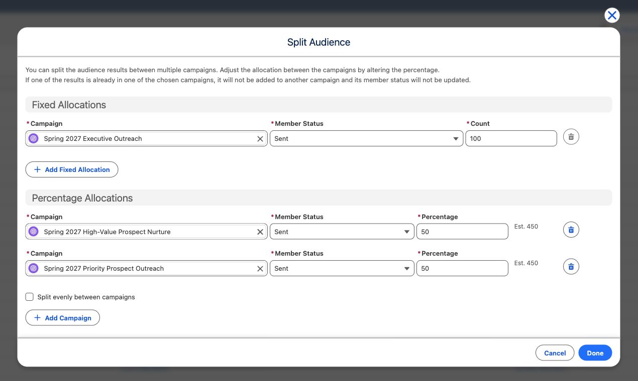 Split Audience configured with a fixed 100-member Executive Outreach allocation and two 50% allocations of the remaining records, each estimated at 450 members